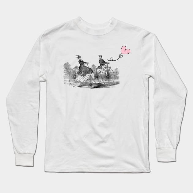 Retro Style Romantic Bike Ride, Valentine's Day Illustration Long Sleeve T-Shirt by Biophilia